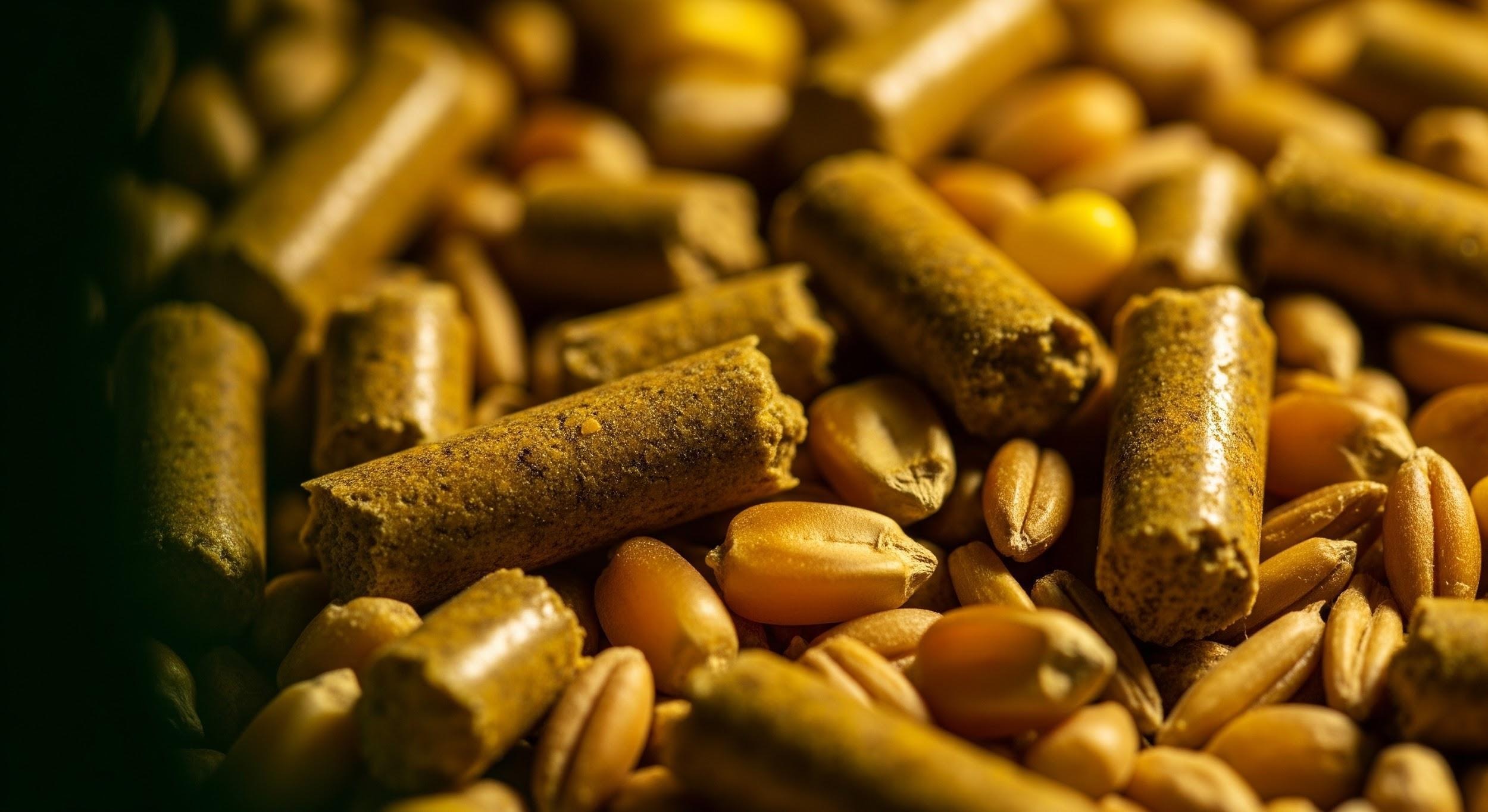 Feed pellets and golden cereal grains
