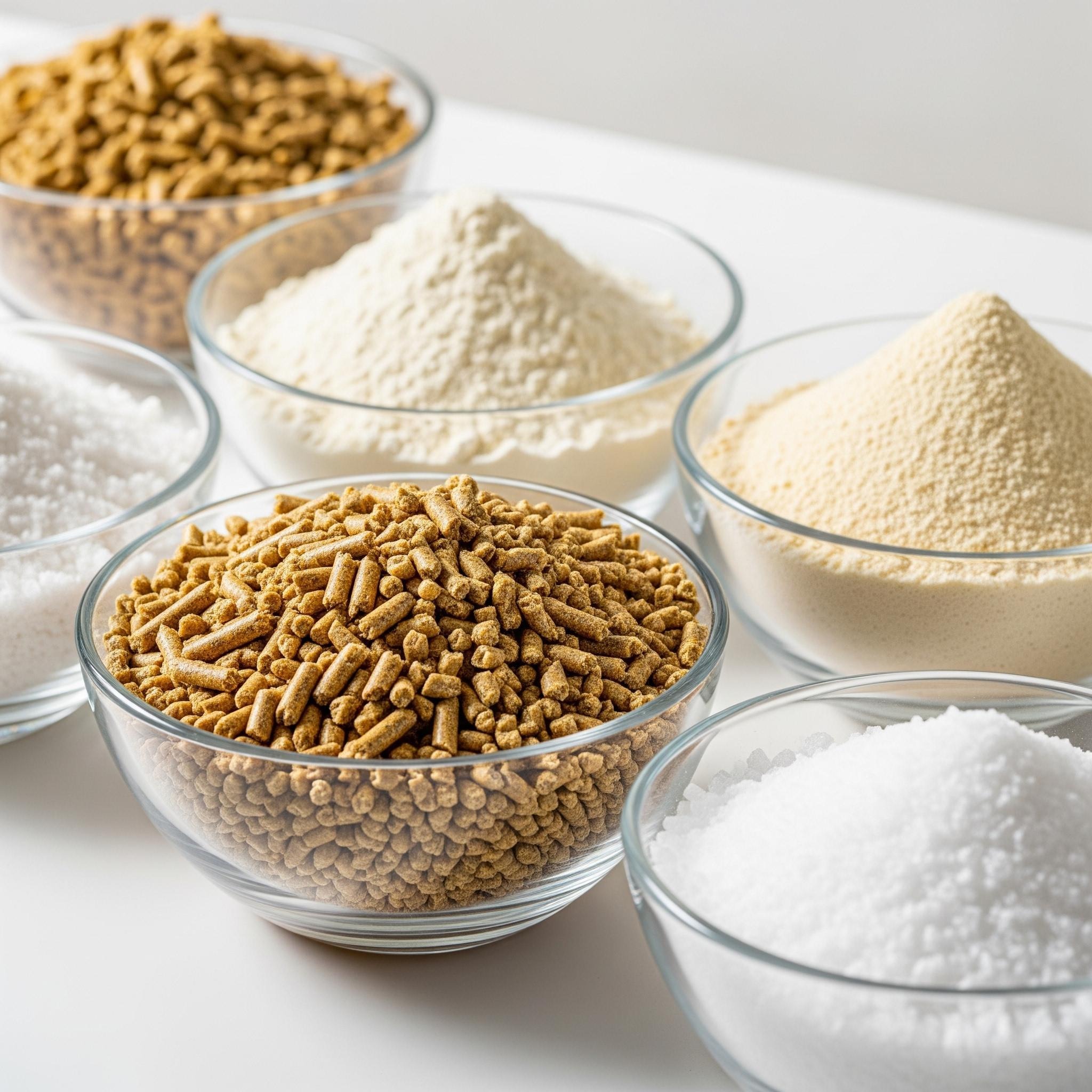 Selection of ingredient powders, grains and pellets